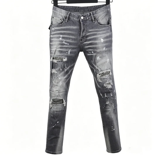 6058 Four Seasons New Men's Wash Grinding Hole Patch Paint Splash Ink Micro-bullet Leg Grey Jeans for Men