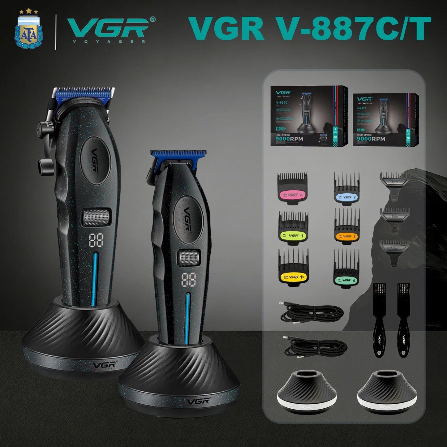 VGR Hair Clippers Professional Rechargeable Right Taper Trimmer 9000RPM Blue Ceramic Blade Hair Clippers For man V-887 V-887T