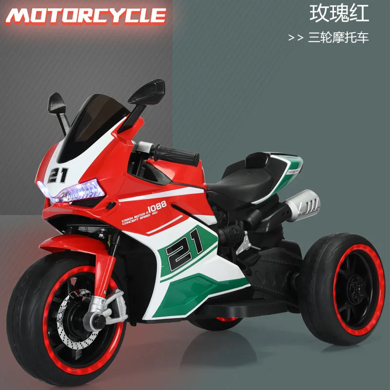 Kids 3 Wheel Electric Motorcycle Ride On Toy Car Rechargeable Dual Drive Remote Control with LED Lights Music for Baby Toddler