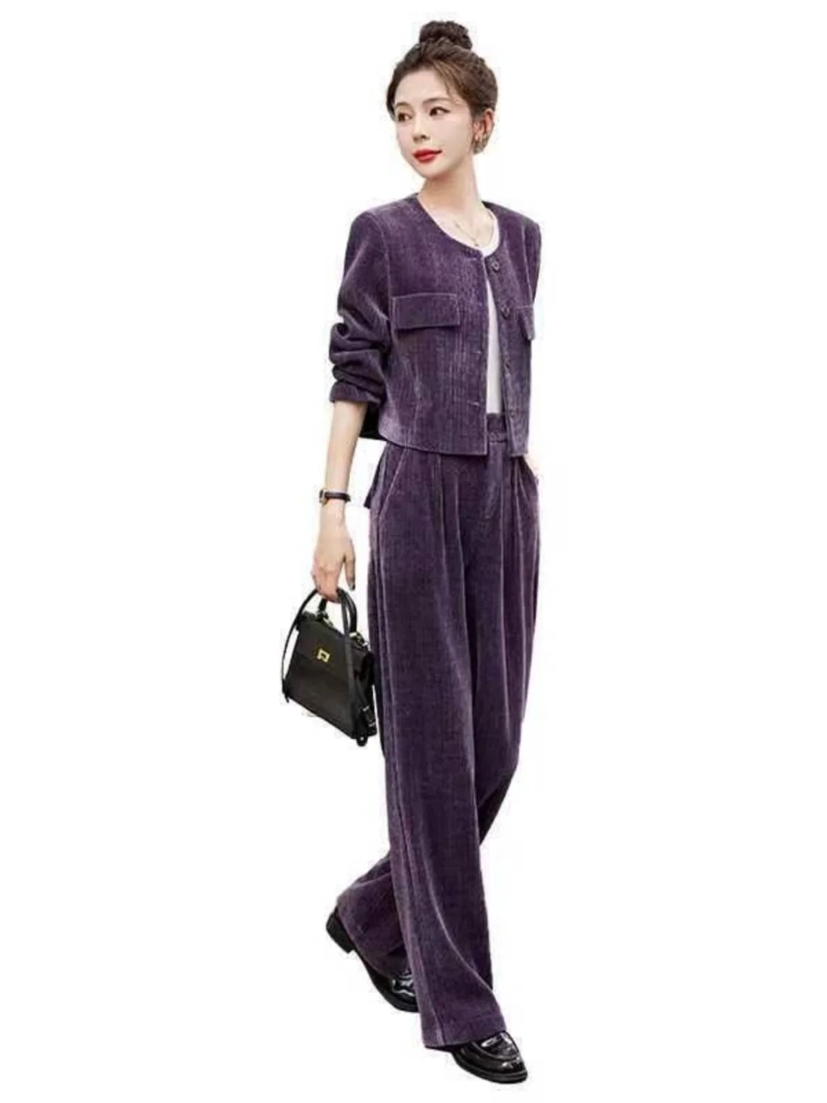 Fashionable Corduroy Set Women's Autumn Winter New Style Elegant Lady Fragrance Wind Coat Wide Leg Pants Two Piece Suit