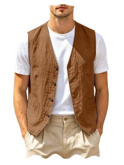 Men's Casual Linen Vest V-Neck Sleeveless Waistcoat Summer Lightweight Breathable Solid Color Button Up Vest For Daily Vacation