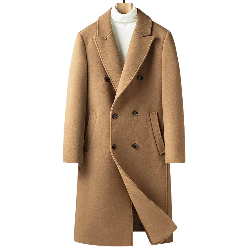 New Autumn Winter Men's Thickened Wool Overcoat, Double-breasted Knee-length Long Woolen Trench Coat