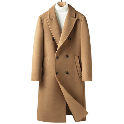 New Autumn Winter Men's Thickened Wool Overcoat, Double-breasted Knee-length Long Woolen Trench Coat