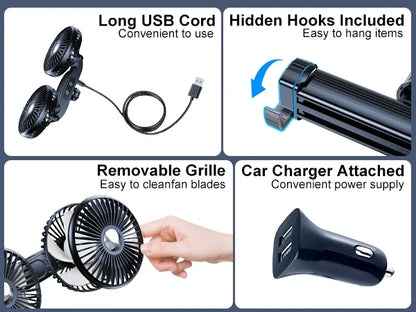 Hipacool Battery Dual Head Fan for Car Backseat with Retractable Long Arm USB Rechargeable Car Seat Headrest Cooling Fan