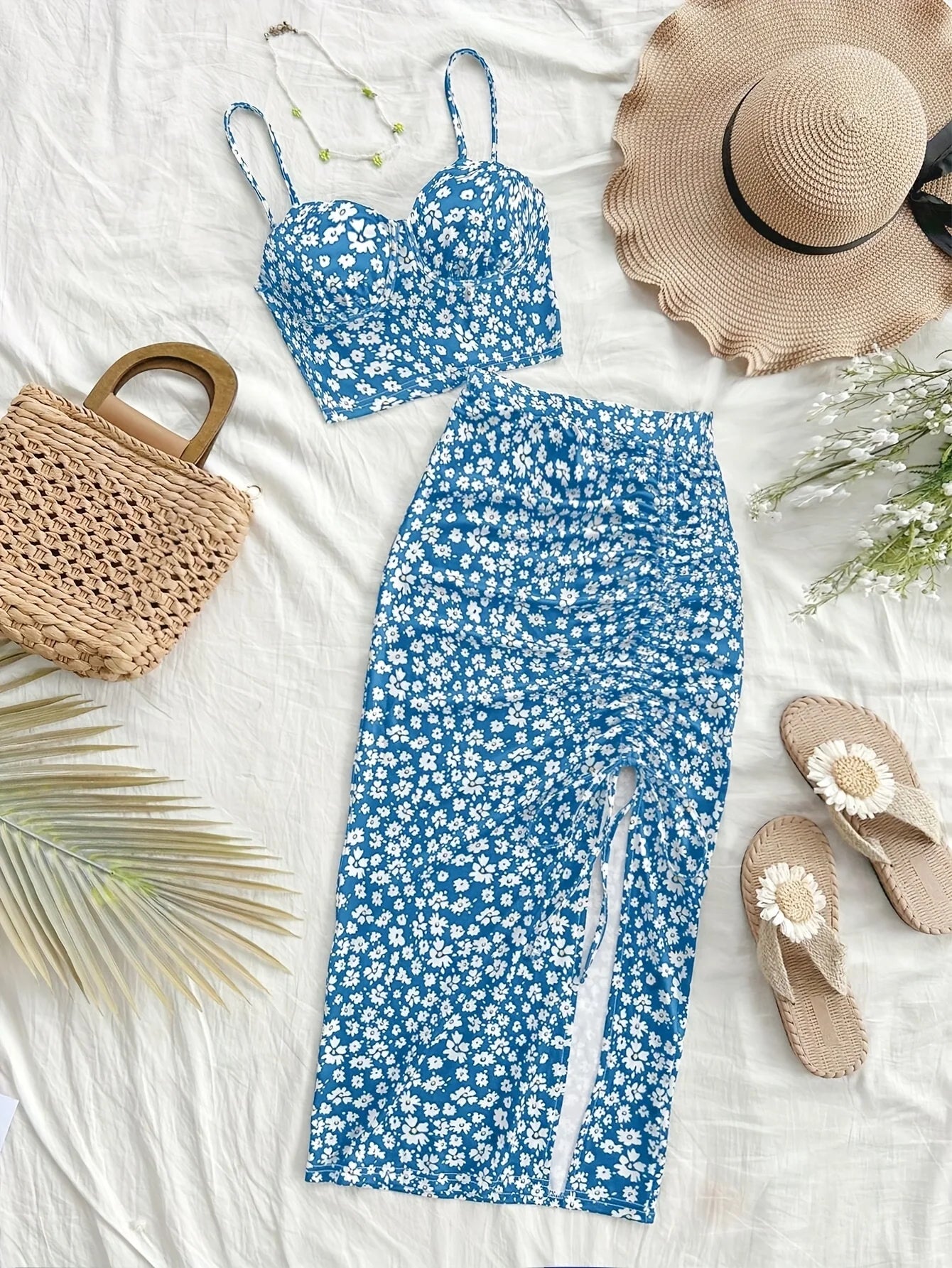 Summer Tops Women's Dress 2 piece suit swimsuit seaside vacation printed suspender Backless Slim top side slit skirt Party Dress