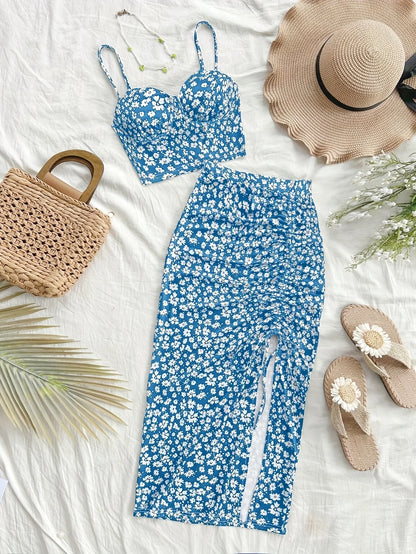Summer Tops Women's Dress 2 piece suit swimsuit seaside vacation printed suspender Backless Slim top side slit skirt Party Dress