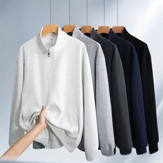 300g Premium China Cotton Zip Up Hoodie Solid Color Stand Collar Casual Unisex Streetwear Jacket for Spring Autumn