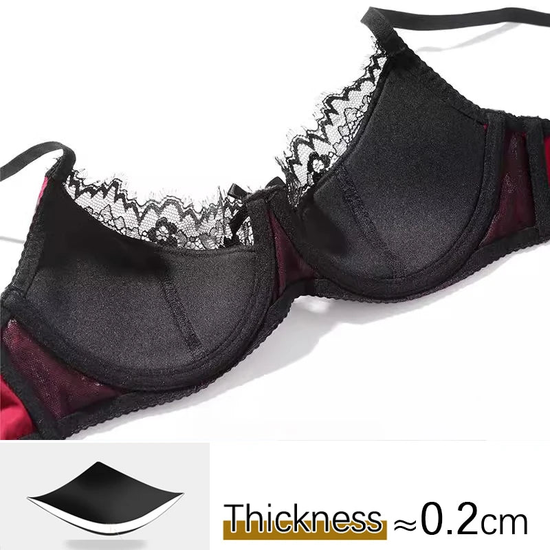 Luxury Satin Lace Lingerie Set Breathable Thin Cotton Cups Underwire Push Up Bra And Thong Sexy Women Underwear for Small Chest