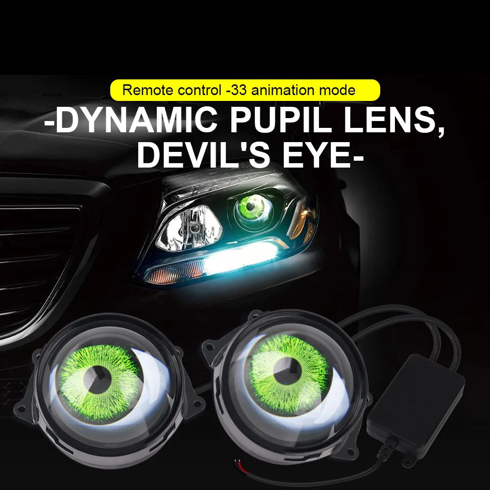 3-inch LED Car Dynamic Devil Eye 3D Lens 33 Mode Dynamic Pupils Remote Headlight Large Light Car Light Modification Eagle Eye
