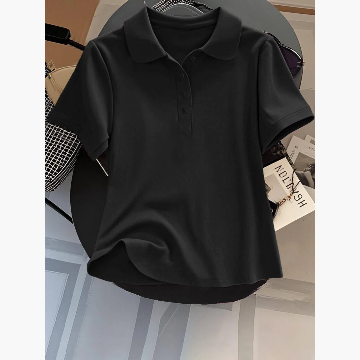 Loose Fit Women's  Neck Short Sleeve Cotton T-Shirt Casual Button up Top Korean Style Summer Fashion Ladies' Shirt