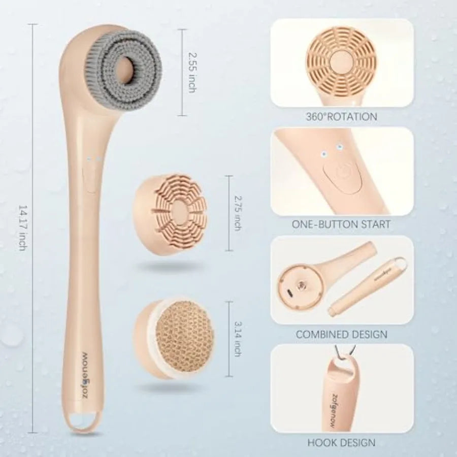 Electric Body Brush, Waterproof Back Scrubber for Shower with Long Handle and 3 Heads, Rechargeable Exfoliating Brush for Body