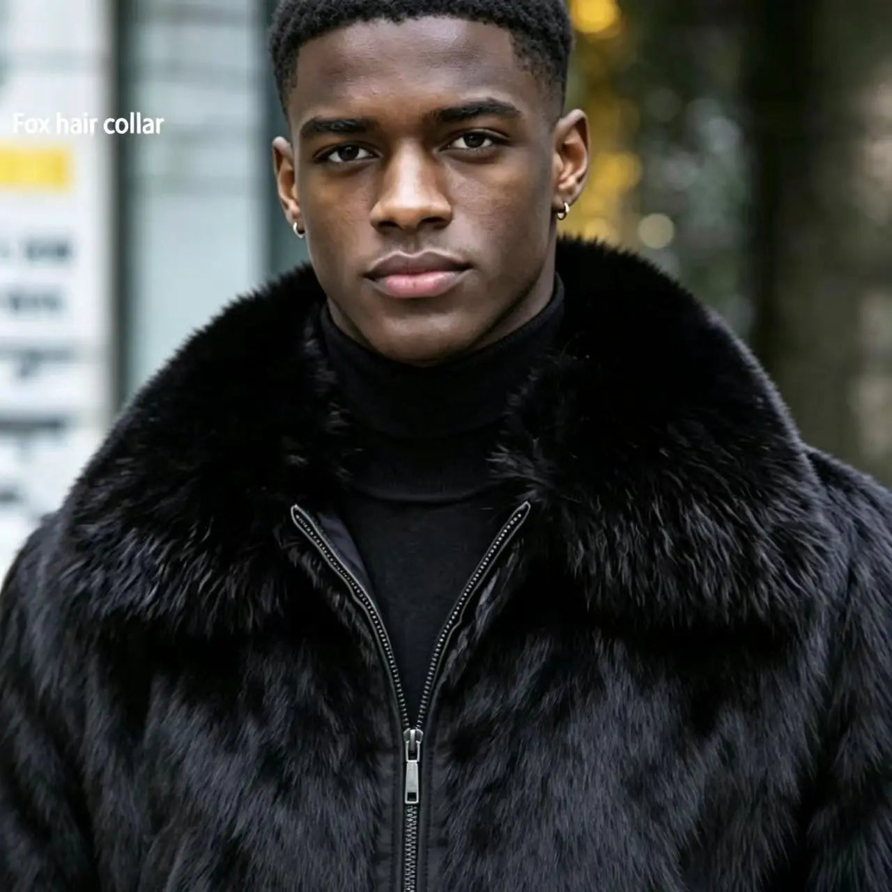 Man Hooded Black Rabbit Real Fur Overcoat Real Leather Collar Slim Zipper Coat Multi Size Warm Winter Luxury Daily Outerwear