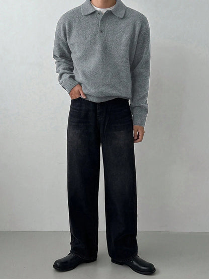 LVLAEA Old Money Style Men's Pullover, Solid Color Long Sleeve Lapel Button-Up, Fall Winter Loose Warm Casual Loungewear