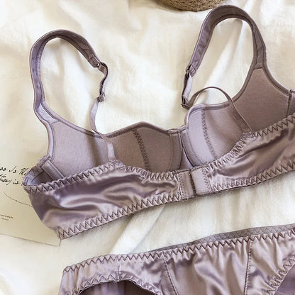 Sexy small half cup top support retro style niche underwear set bra glossy bralette with steel ring women lingerie panty suit