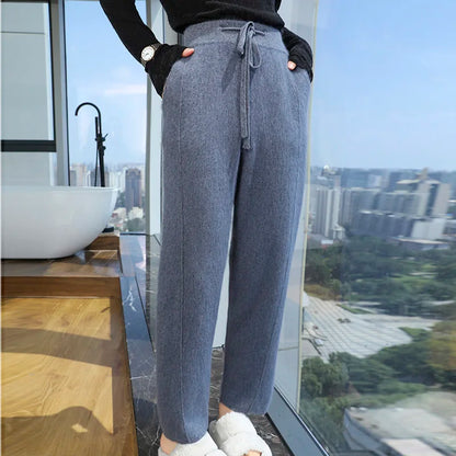 100% mink wool knitted high-waisted pencil pants women's casual autumn and winter new warm solid color thick cashmere pants
