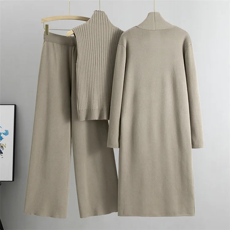 2025 Autumn Winter Women Long Cardigan 3 Piece Set Knit Pants High Neck Vest Wide Leg Trousers Outfit
