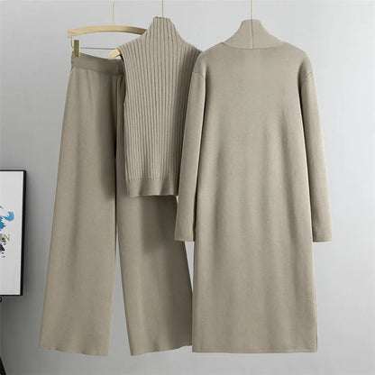 2025 Autumn Winter Women Long Cardigan 3 Piece Set Knit Pants High Neck Vest Wide Leg Trousers Outfit