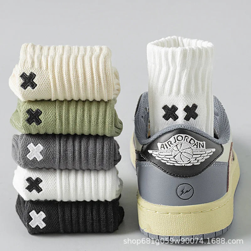 1/5 Pairs Men's Spring Autumn Mid Tube Socks Pure Cotton Antibacterial Odor Proof Sports Plus Size Crew Socks