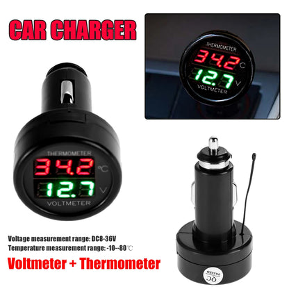 2 IN 1 12V 24V Car Voltmeter Thermometer Cigarette Lighter Car Battery Monitor LED Digital Dual Display For Cars Trucks RVs Boat