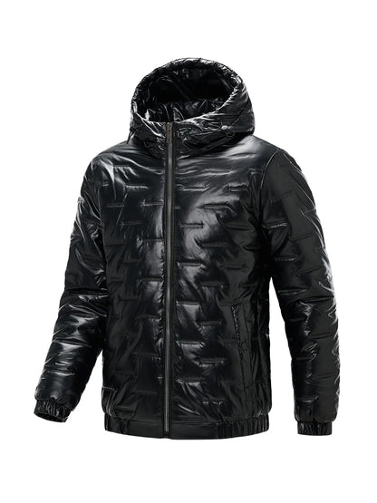 Men's Winter Solid Color Glossy Hooded Cotton Jacket, Windproof, Waterproof and Thickened, Suitable for Outdoor Sports and Leisure