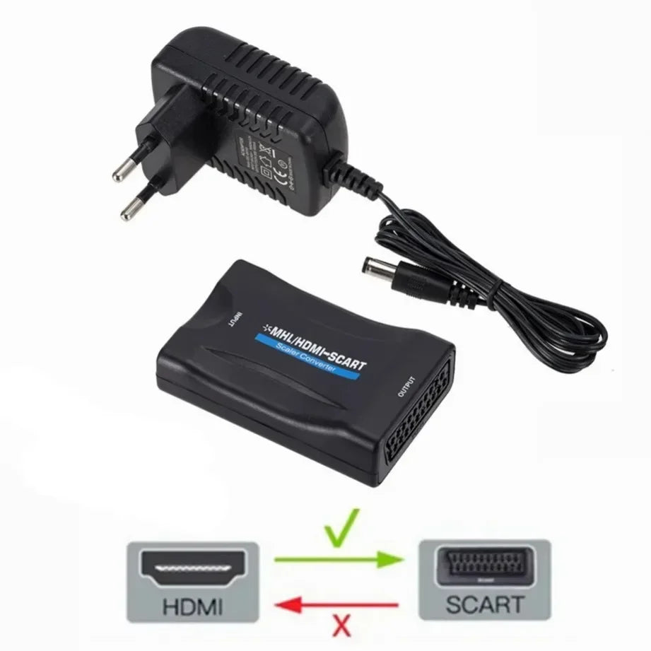 HDMI-compatible to SCART Video Audio Converter With Power Adapter For HDTV Sky Box DVD Television Signal 1080P Upscale Converter