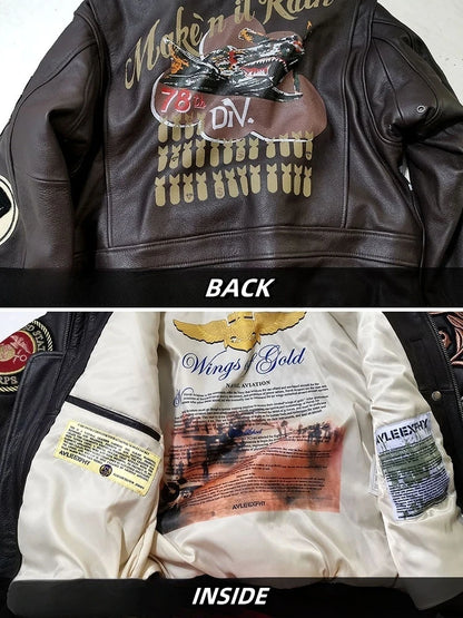 men's Retro Embroidered Leather Jacket CASUAL Loose Fit Pure Cowhide Air Force G1 Pilot Jacket with Fur Collar genuine leather