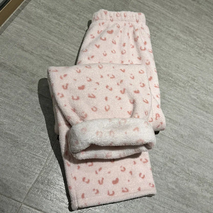 Thickened Floral Print Coral Fleece Warm Pants Straight Leg Winter Home Wear Sleepwear Outdoor Walking Pants Unisex