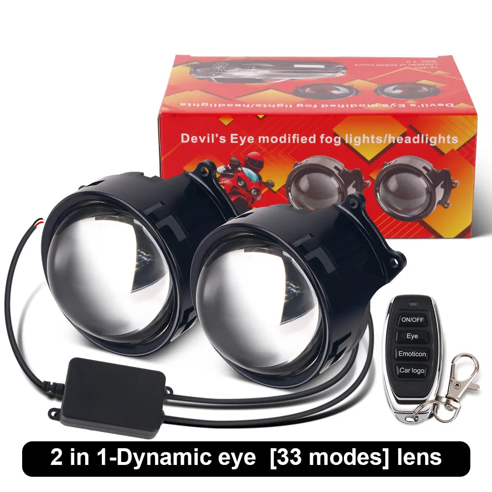 3-inch LED Car Dynamic Devil Eye 3D Lens 33 Mode Dynamic Pupils Remote Headlight Large Light Car Light Modification Eagle Eye