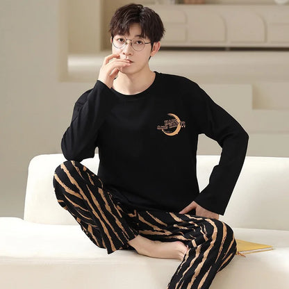 Men‘s Pajama Set Long Sleeve Black Striped Fall and Winter Youth Student Nightwear Loungewear Two Piece Set Sleepwear Homewear
