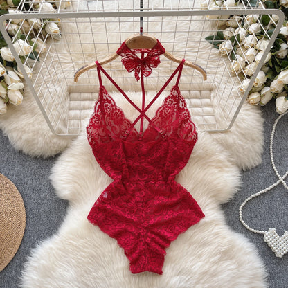 Sexy Lace Strap Jumpsuit Slim Fit Transparent Women's Pajamas Halter Playsuit Erotic Lingerie Catsuit Backless Hollowed Bodysuit