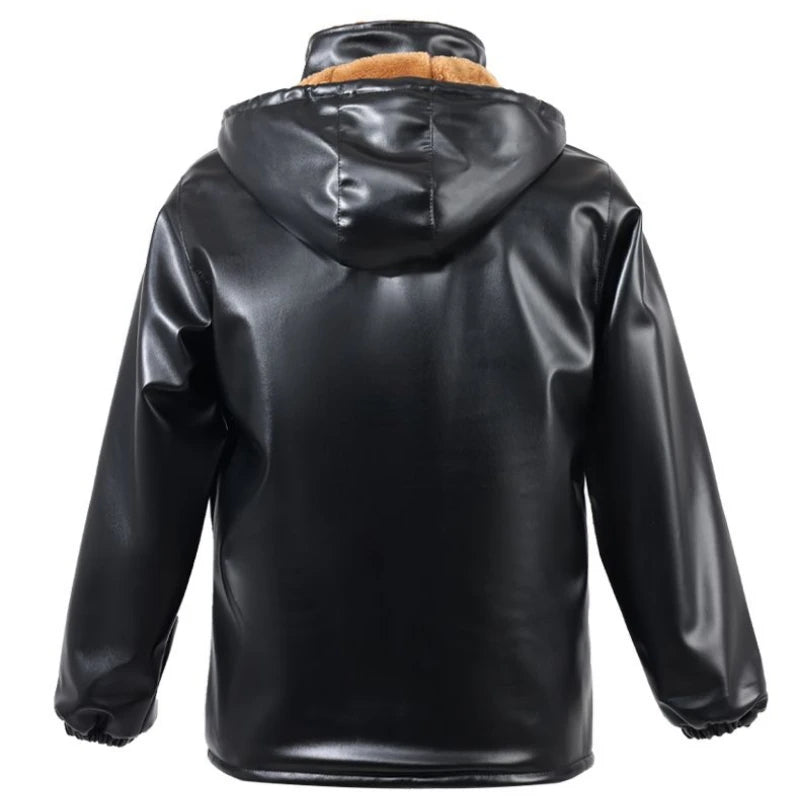 Luxury Black Leather Jacket Wool Lining Warm Men's Clothing Casual Hooded Jacket PU Leather Coats Windproof Outerwear New Chic