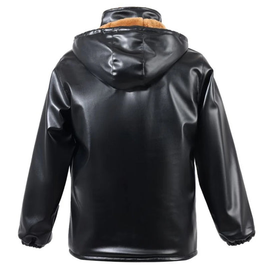 Luxury Black Leather Jacket Wool Lining Warm Men's Clothing Casual Hooded Jacket PU Leather Coats Windproof Outerwear New Chic