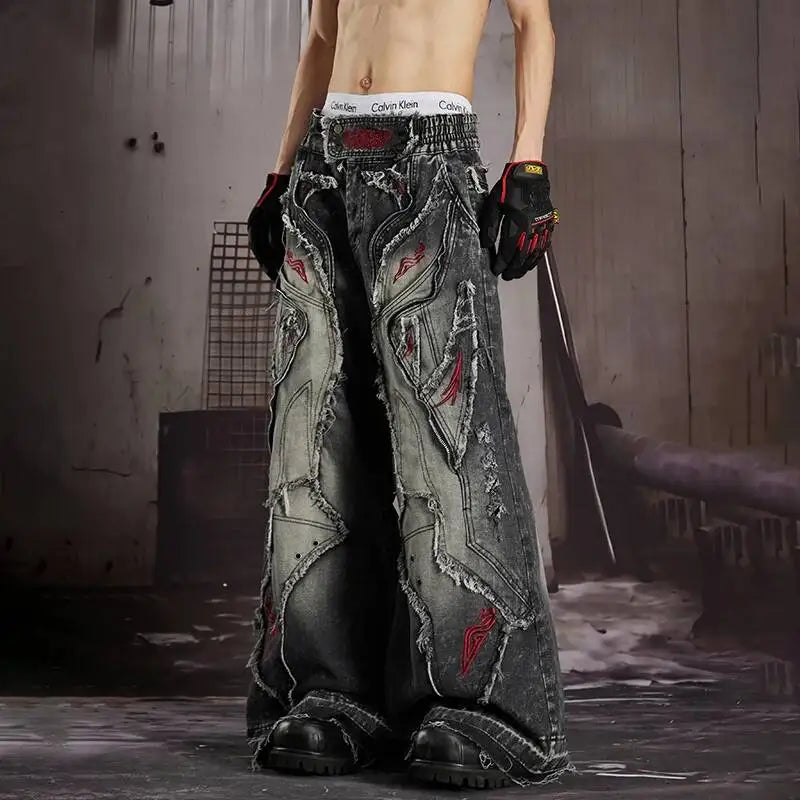 LUZHEN 2026 New Original Burr Outline Patchwork Design Embroidery Straight Jeans Men Streetwear Loose Vintage Denim Pants JY7448