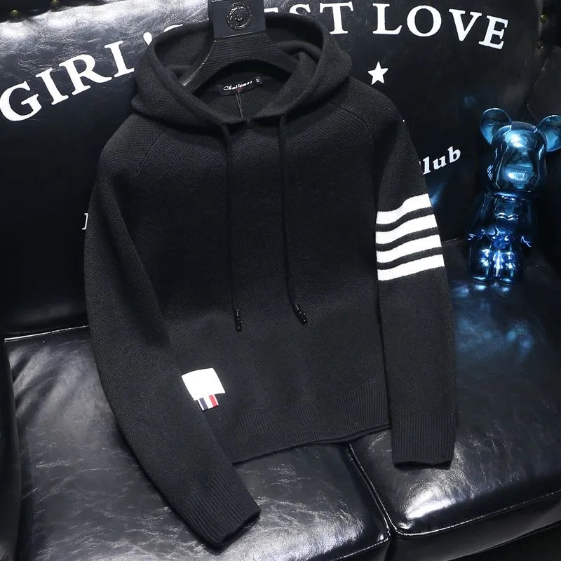 2025 Spring and Autumn New Fashion Trend Thickened Warm Striped Hooded Sweater Men's Casual Loose Sports High Quality Knitwear