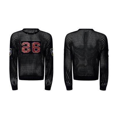 Black Hollow out Knitted Sweater for Men Spring Summer Thin Style Embroidery Punk Style Casual Wear Comfortable And Breathable