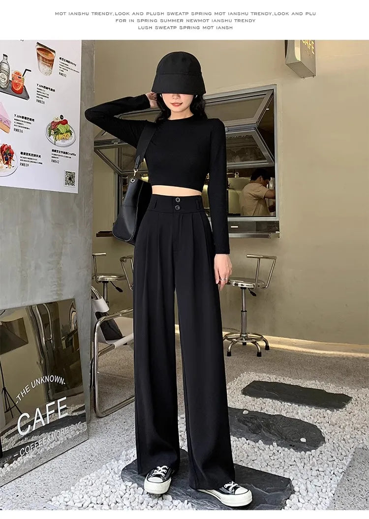 High Waist Straight Leg Suit Pants Women's Summer Thin Large Size Fat MM Hip Covering Slim Wide Leg Trousers Korean Style