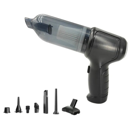 Handheld vacuum cleaner with integrated suction and blowing functions, ideal for cleaning cars, homes, offices, and pet areas.