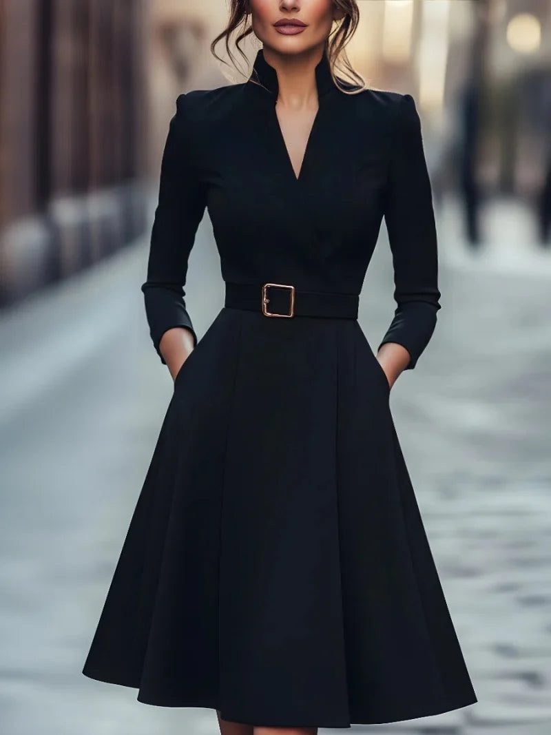 Autumn and winter temperament commuting waist slimming V-neck long-sleeved A-shaped medium-long belt skirt for women