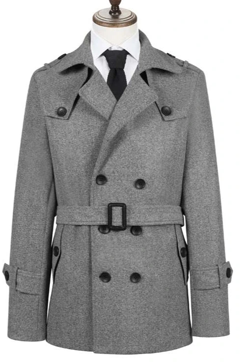 Gray Autumn Winter Men's Woolen Coat Jacket Mid-Length Double-Breasted with Belt British Style Large Size Windbreaker