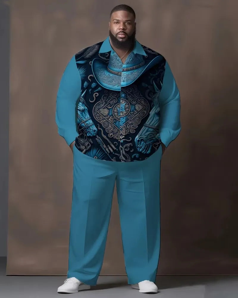S-9XL Big & Tall Men's Vintage Print Shirt And Long Pants Loose Fit 2-Piece Set