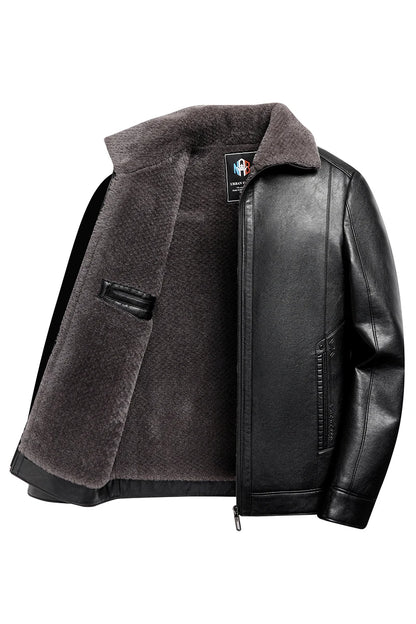 Add Fleece and Thickening Winter Dad Leather Jacket for Middle-aged Grandpa Fur Collar Middle-aged Men's Coat for Warmth