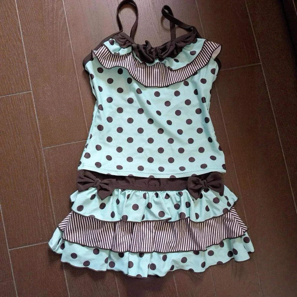 Mint Chocolate Ins Style Polka Dot Cute Bow Sleeveless Vest Cake Dress Skirt Two-Piece Suit Sweet girl Y2K style