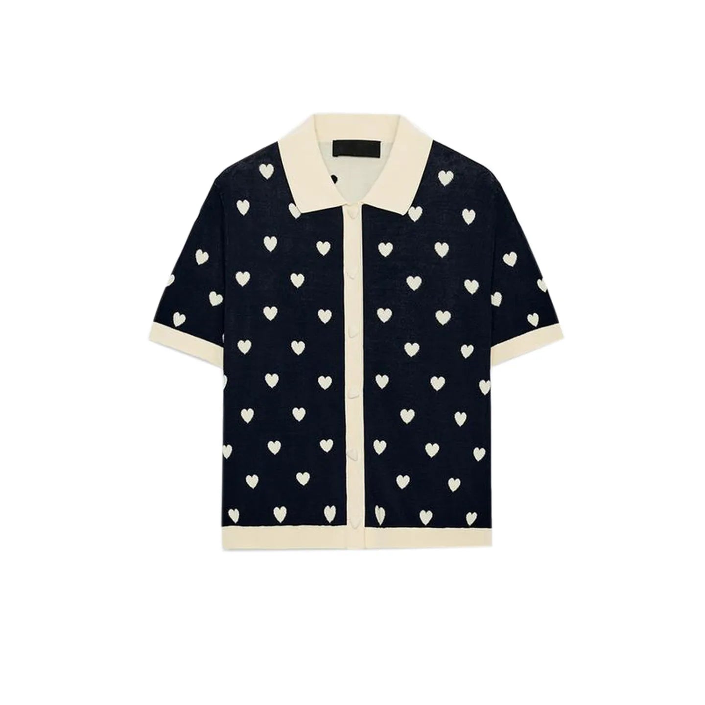 New Summer Women's Street Style  Shirt Turn-down Collar Short Sleeve Color Block Heart Pattern Embroidery Casual Top