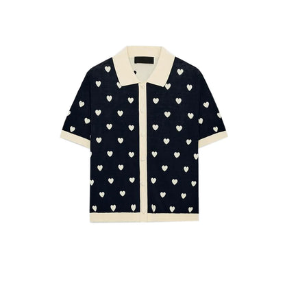 New Summer Women's Street Style  Shirt Turn-down Collar Short Sleeve Color Block Heart Pattern Embroidery Casual Top