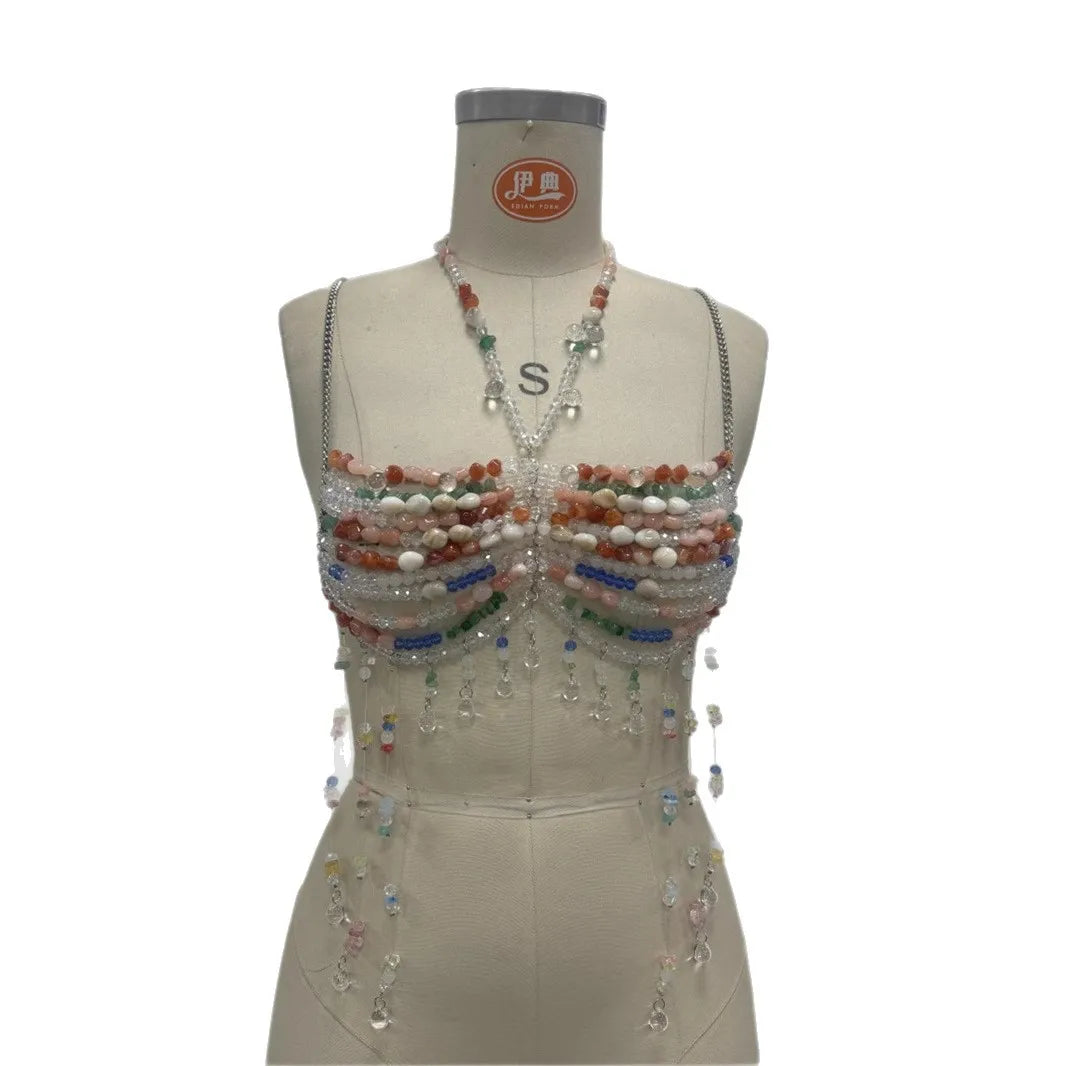 Women's Beading Vest Hollow Out Tops Body Beachwear Lingerie Harness Beaded  Bralette Neck Bra Bustier Bra Women Club Rave