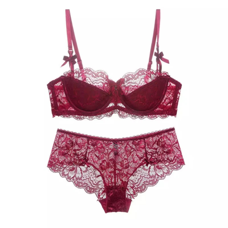 Sexy Lace Half Cup Bra Set Women Soft Underwire Gathered Thin Push Up Lightweight Exquisite Lace Comfort Lingerie Set 4 Colors