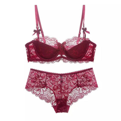 Sexy Lace Half Cup Bra Set Women Soft Underwire Gathered Thin Push Up Lightweight Exquisite Lace Comfort Lingerie Set 4 Colors