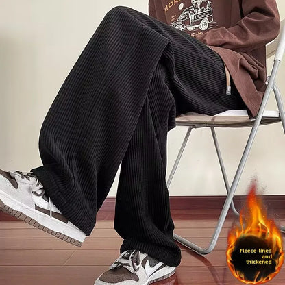Men's Winter Thickened Fleece Lined Corduroy Wide Leg Sporty Casual Pants Loose Fit Straight Leg Long Trousers Fashionable Yo...