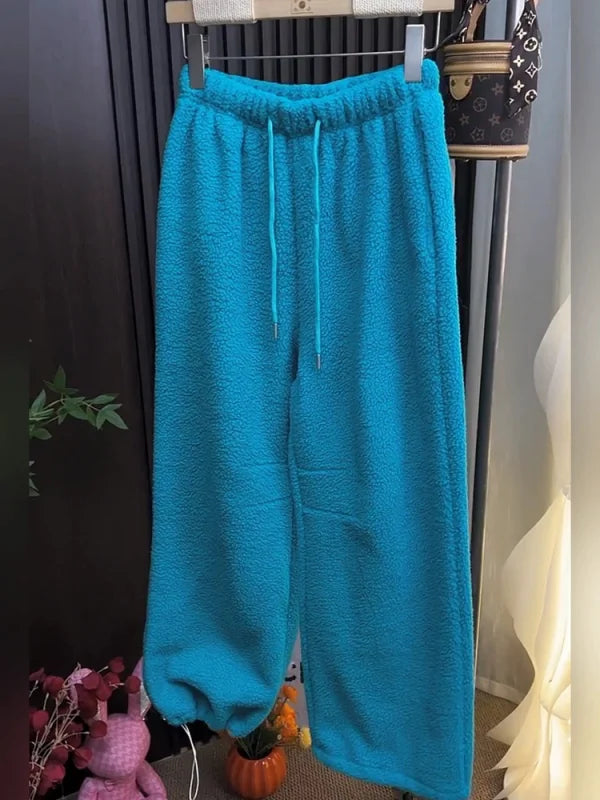 High-End Women's Thickened Fleece Drawstring Casual Pants Winter New Style Soft Drapey Warm Sweatpants Loose Wide Leg Trousers