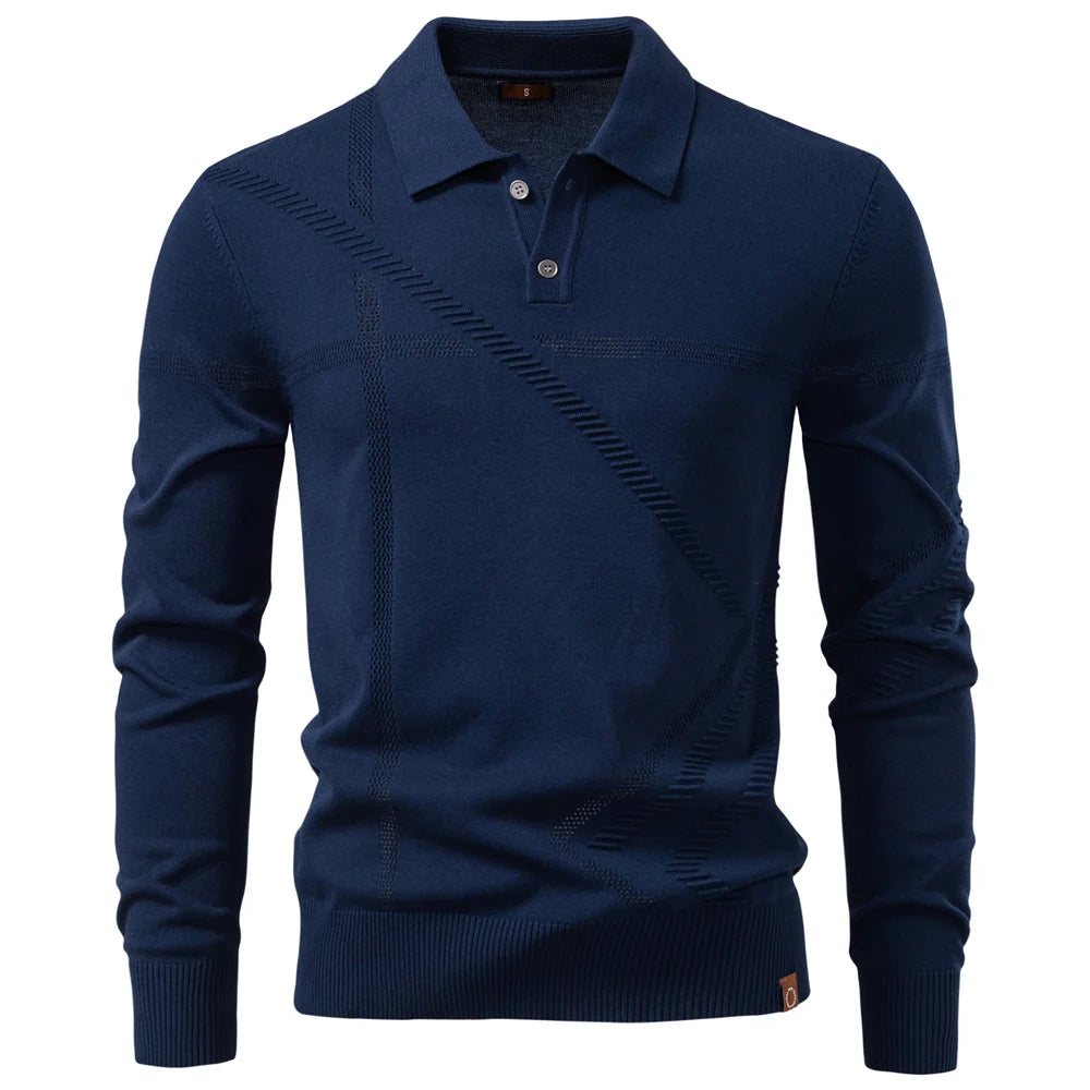 AIOPESON Men's Slim Fit Long Sleeve Polo Shirt Autumn Winter Thermal Comfort Fashion Stripe Solid Color Button up Polo Tops